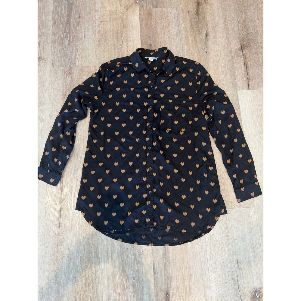 Allison Joy Womens Black Tan Heart Print Button Down Shirt Blouse XS Long Sleeve
